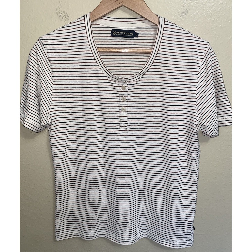 United By Blue Striped Henley Tee Shirt Womens SZ M Cream Red Black Hemp Cotton